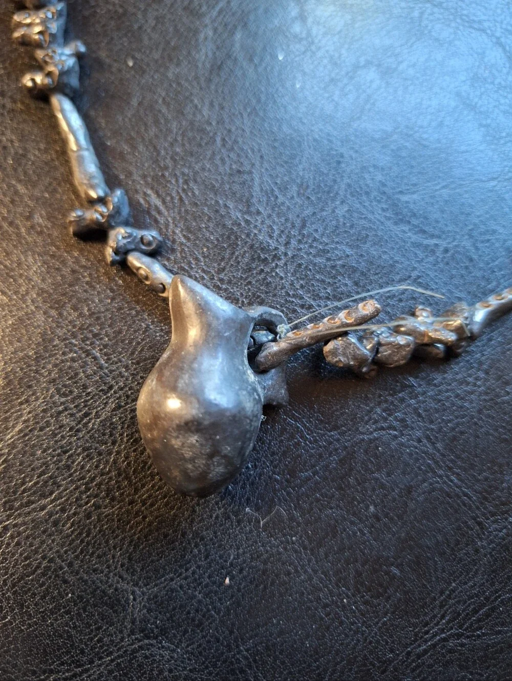 Mexican  Black Pottery Bird Pot Fetish Folk Art Bead Necklace